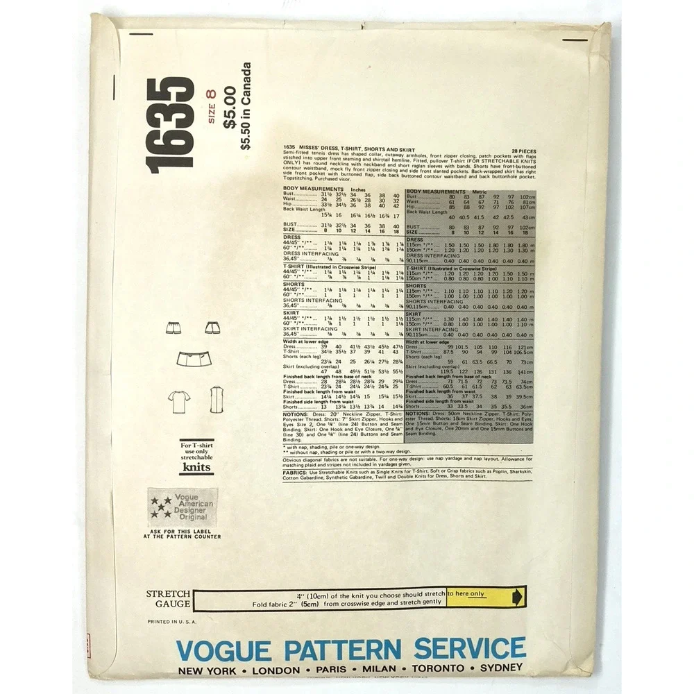 Vtg Vogue 1635 Penfold Tennis Dress T-Shirt Shorts Skirt Pattern Sz 8 UNCUT '70s